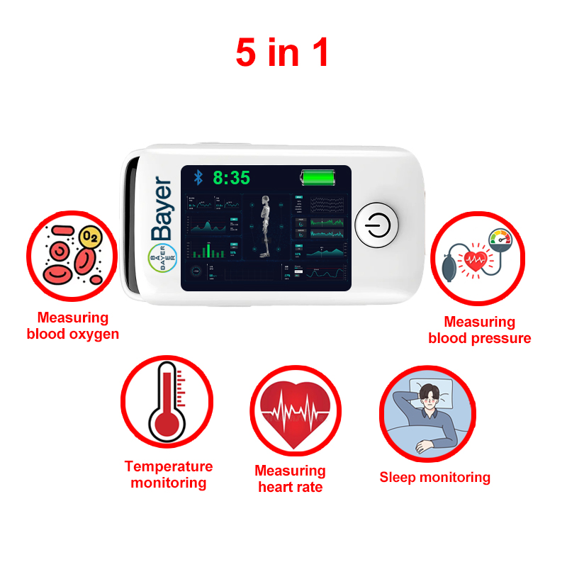 5 in 1 (misurazione non invasiva dell'ossigeno nel sangue + frequenza cardiaca + pressione sanguigna + monitoraggio del sonno + monitoraggio della temperatura corporea)