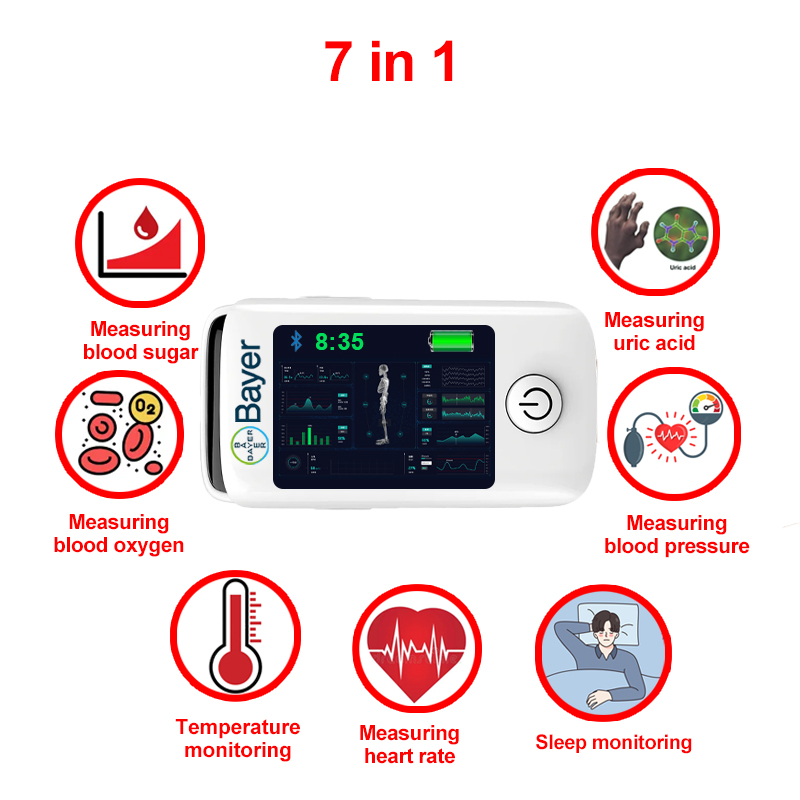7 in 1 (glicemia non invasiva + acido urico + ossigeno nel sangue + frequenza cardiaca + pressione sanguigna + monitoraggio del sonno + monitoraggio della temperatura corporea)