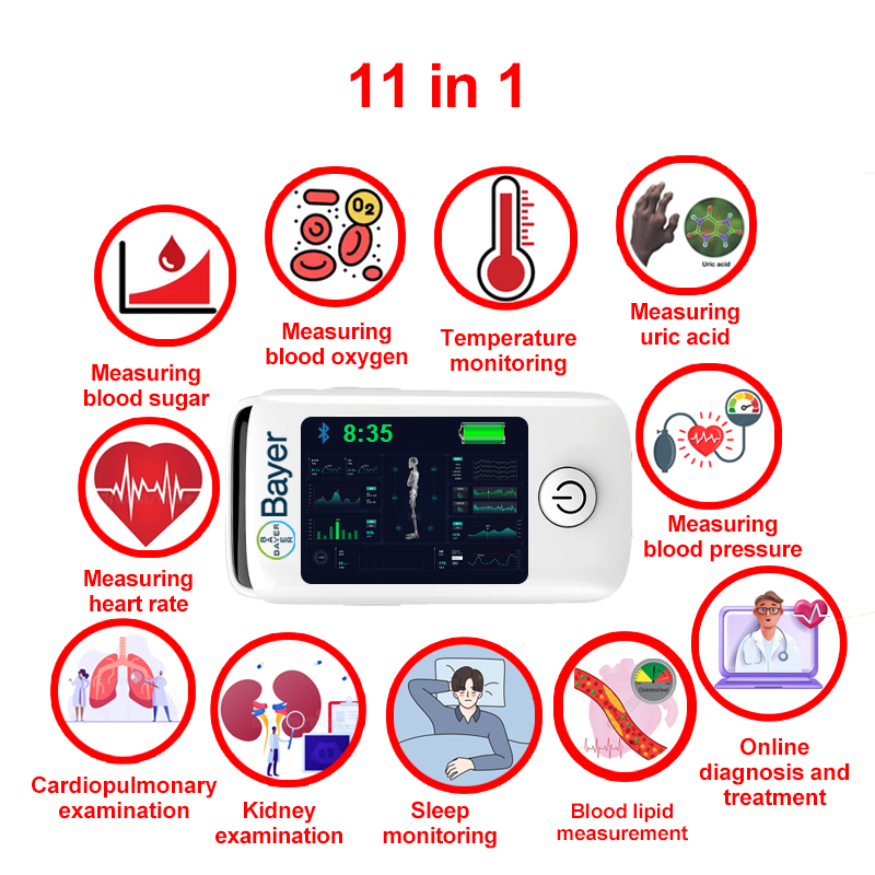 11 in 1 (glicemia non invasiva + acido urico + ossigeno nel sangue + frequenza cardiaca + pressione arteriosa + monitoraggio del sonno + monitoraggio della temperatura corporea + esame cardiopolmonare + esame dei reni + misurazione dei lipidi nel sangue + diagnosi e trattamento online)